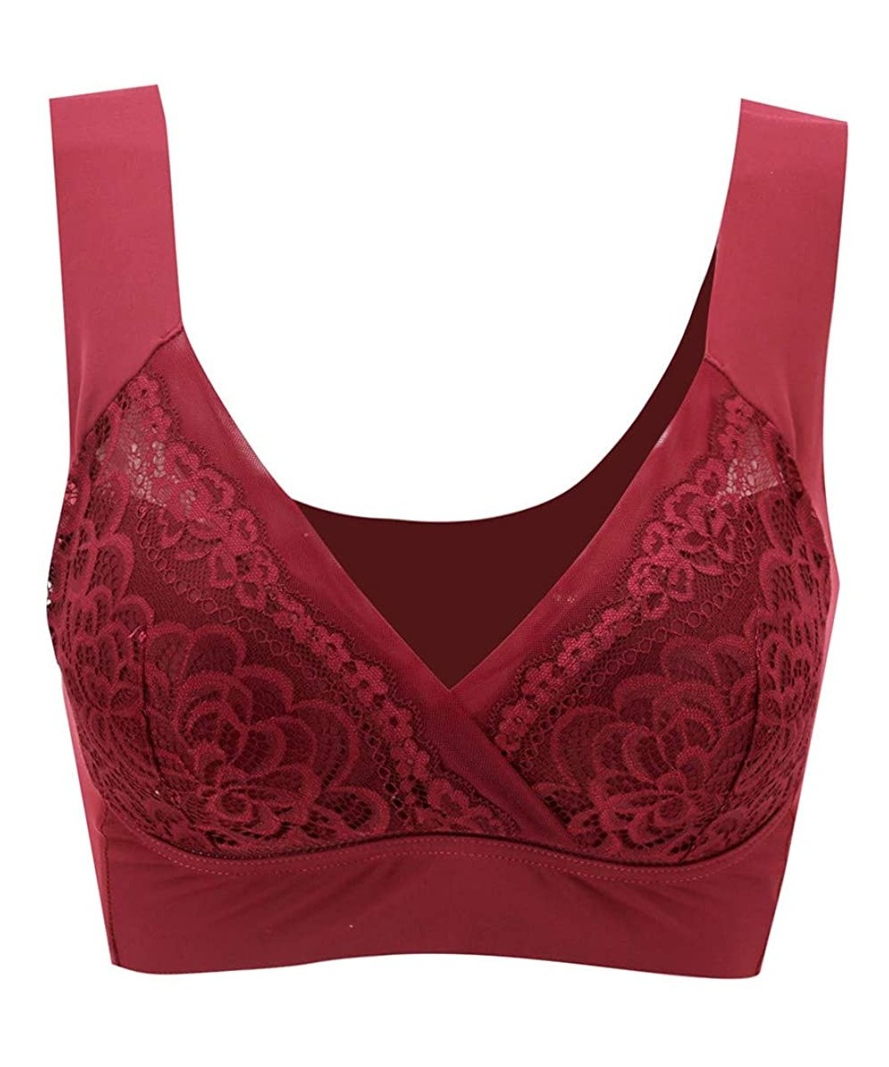 Shapewear Sexy Underwear- Women's Sexy Air Permeable Extra Support Wirefree Lace Bra - Red - CM18Y067KED