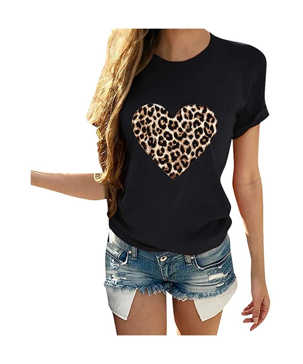 Thermal Underwear Women's Short Sleeve Tee Shirt Valentine's Day Casual Heart Print Blouse Round Neck Daily Tops T-Shirt - Bl...