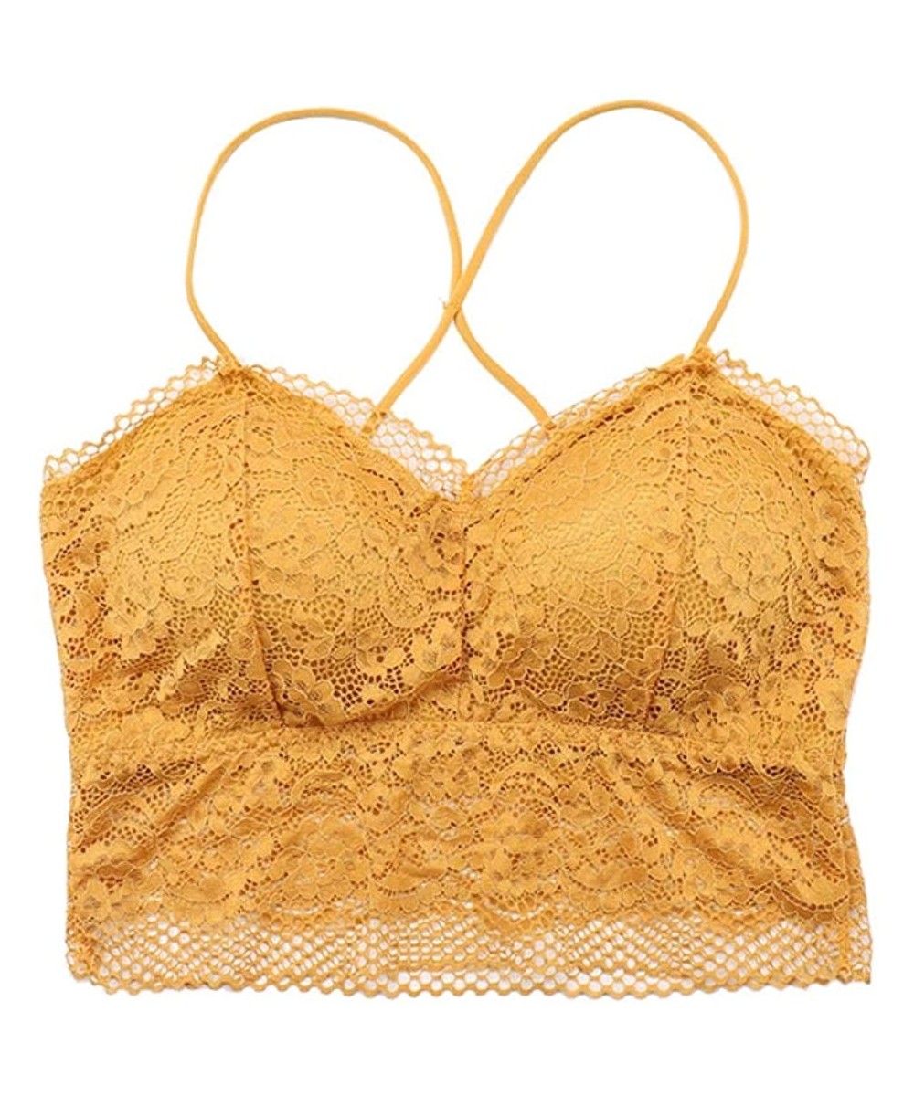 Bras Women's Strappy Crisscross Back Lace Bralette Removable Padded Racerback Wireless Bra - Yellow - C5195465NQR