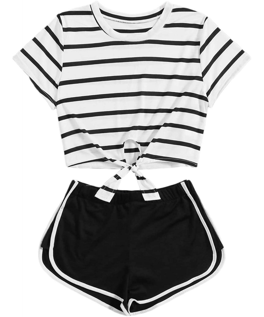 Sets Women 2 PCS Pajamas Set Outfit Striped Short Sleeve Knot Hem Tee Crop Tops and Track Shorts - Black - CJ19059ZQ0H