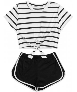 Sets Women 2 PCS Pajamas Set Outfit Striped Short Sleeve Knot Hem Tee Crop Tops and Track Shorts - Black - CJ19059ZQ0H