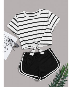 Sets Women 2 PCS Pajamas Set Outfit Striped Short Sleeve Knot Hem Tee Crop Tops and Track Shorts - Black - CJ19059ZQ0H