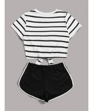 Sets Women 2 PCS Pajamas Set Outfit Striped Short Sleeve Knot Hem Tee Crop Tops and Track Shorts - Black - CJ19059ZQ0H