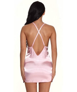 Baby Dolls & Chemises Women Lingerie Lace Satin V Neck Babydoll Nightwear Chemise Sleepwear Mini Teddy - Pink - CR18Y9SNCAE