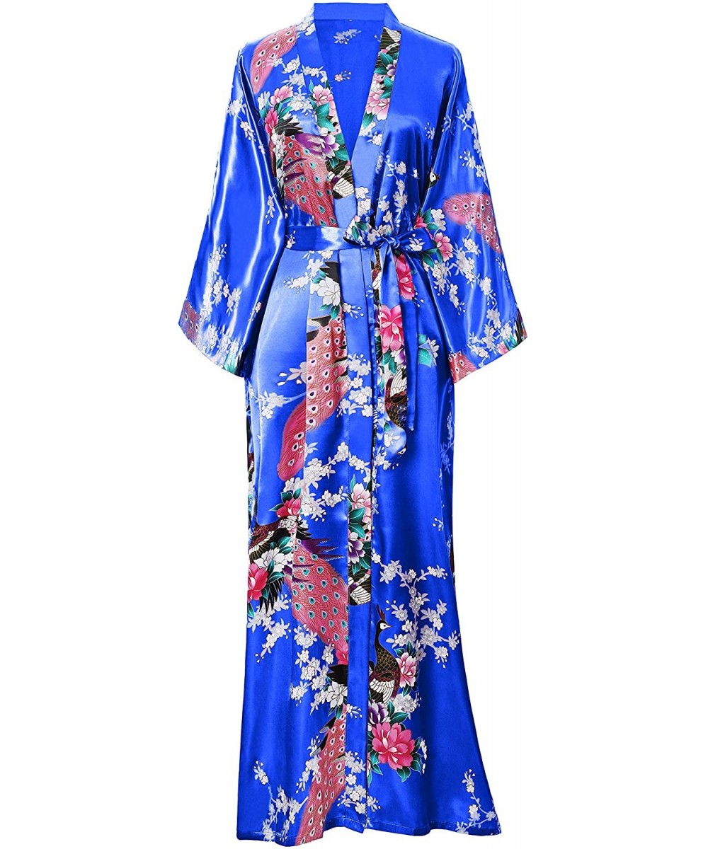 Robes Women's Kimono Robe Long Robes with Peacock and Blossoms Printed Kimono Nightgown - Royal Blue - CQ196R8O674