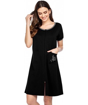 Nightgowns & Sleepshirts Sleepwear Women Zipper Front House Coat Lightweight Soft Robe Short Nightgown - Black - CC18SHXNHHX