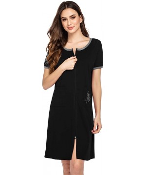 Nightgowns & Sleepshirts Sleepwear Women Zipper Front House Coat Lightweight Soft Robe Short Nightgown - Black - CC18SHXNHHX