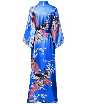 Robes Women's Kimono Robe Long Robes with Peacock and Blossoms Printed Kimono Nightgown - Royal Blue - CQ196R8O674