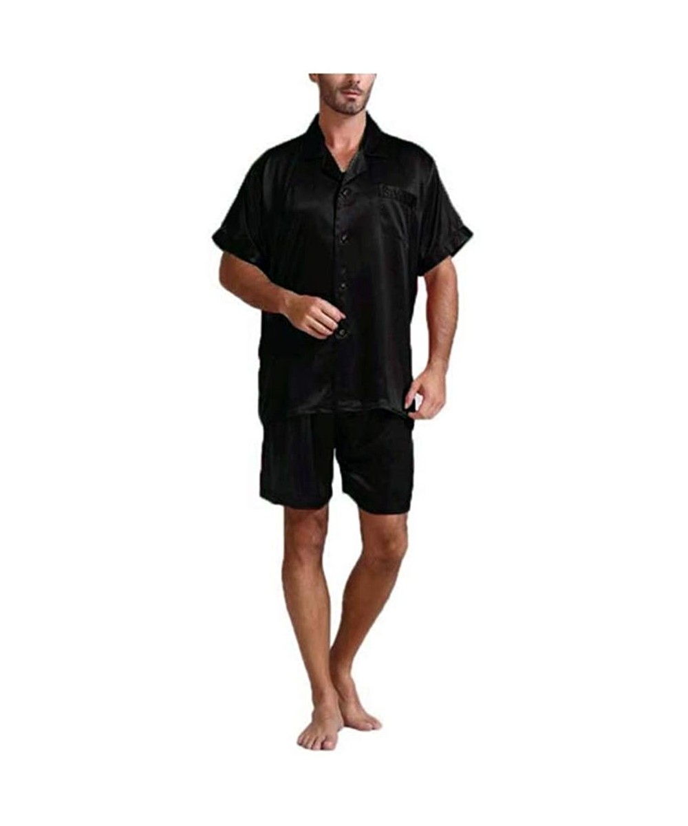 Sleep Sets Pajama Men Set Satin Silk Sleepwear Clothes Tops Shorts Rayon Silk Pyjamas - Black - CB18S9WIKGO