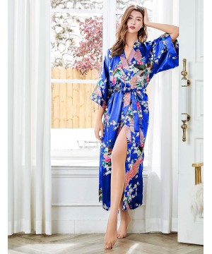 Robes Women's Kimono Robe Long Robes with Peacock and Blossoms Printed Kimono Nightgown - Royal Blue - CQ196R8O674