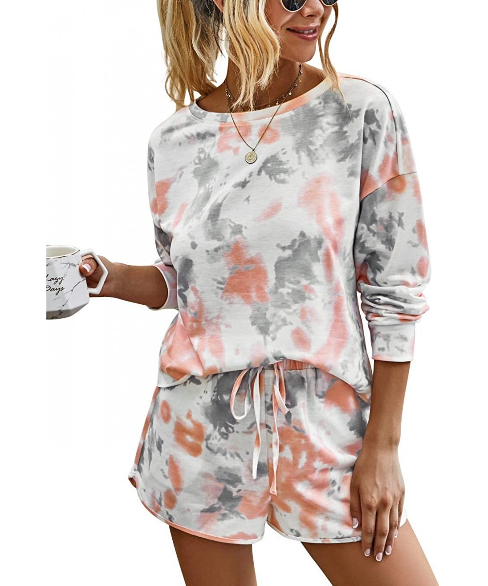 Sets Womens Tie Dye Printed Pajamas Set Long Sleeve Tops with Shorts Long Lounge Set Casual Two Piece Sleepwear 3orange - CL1...