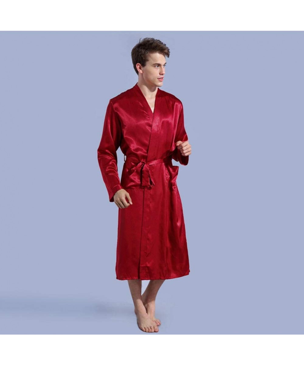 Robes Men's Bathrobe- Black Long Sleeve Rayon Robes Gown New Male Kimono Bathrobe Sleepwear Nightwear Pajamas-Red-M - Red - C...