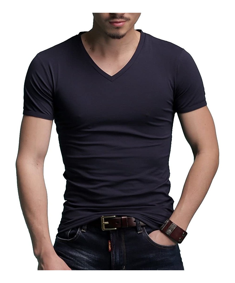 Undershirts Men's Tagless Slim Fit Top Muscle Cotton V-Neck Crewneck Short Sleeve Undershirts T-Shirts - Navy - CP17XXGGGQT