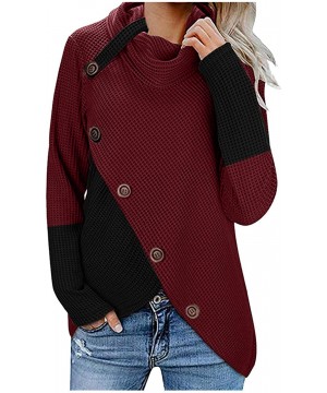 Tops Womens Cowl Neck Knit Sweater Button Up Pullover Tunic Asymmetrical Fall Sweatshirt Top - Patchwork - Wine - C118AOX9080