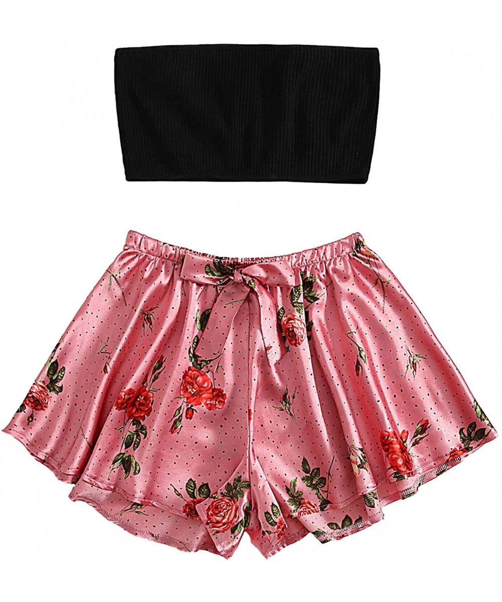 Sets Women's 2 Piece Bandeau Crop Top with Satin Lace Shorts Pajama Sets - Black Pink-2 - CX199U3OMR7