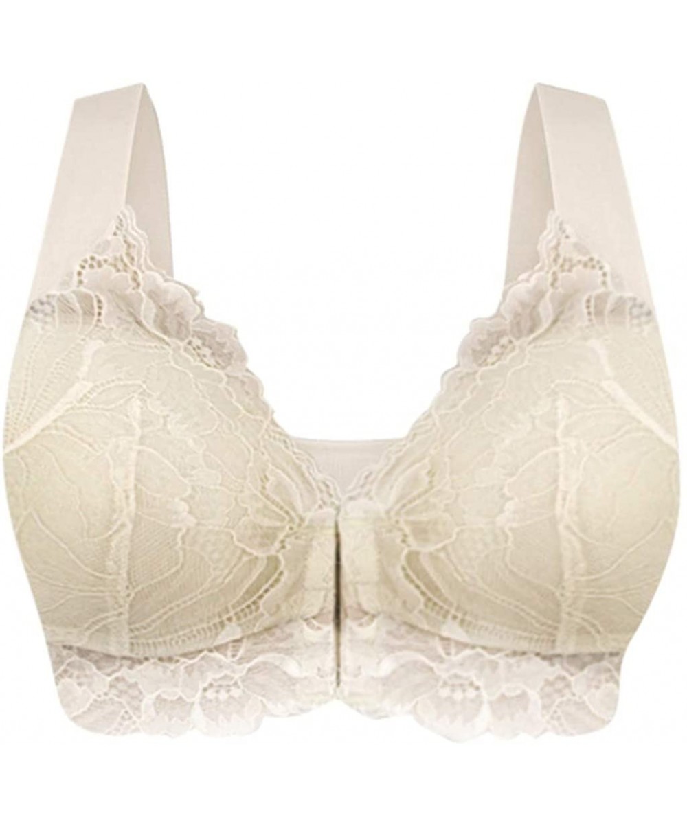 Bras Women's Lace Bras for Big Bust Full Figure Wonderwire Front Close Stretch Push Up Bra Plus Size - Beige - CM18AEDQ39K