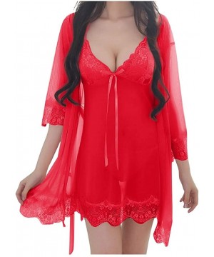 Tops PJ Women's Sexy Silk Kimono Dressing Babydoll Lace Lingerie Belt Bath Robe Nightwear - Yred - CN194QXOE8T