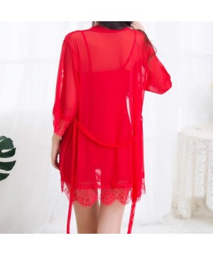 Tops PJ Women's Sexy Silk Kimono Dressing Babydoll Lace Lingerie Belt Bath Robe Nightwear - Yred - CN194QXOE8T