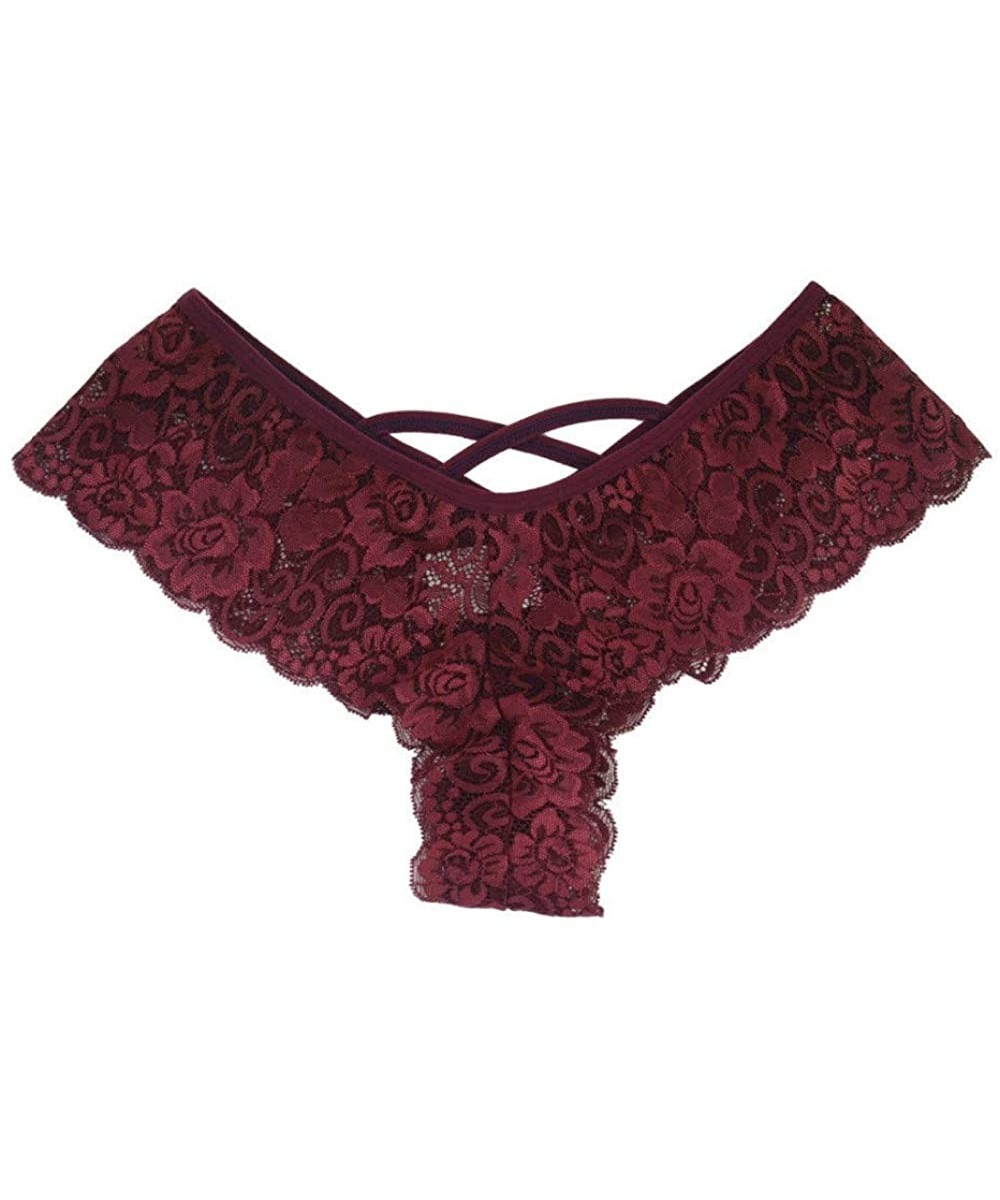 Shapewear Womens Lace Thongs Sexy Flowers Low Waist Underwear Panties G-String Lingerie - Wine - CG18KD3W4O6