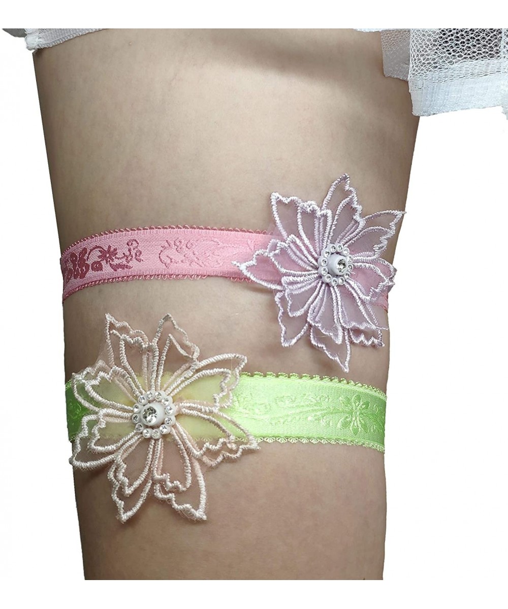 Garters & Garter Belts Colorful Wedding Garter Lace Garter Set Floral Design for Bride or Bridesmaid - Green Pink - CM18XI6INT8