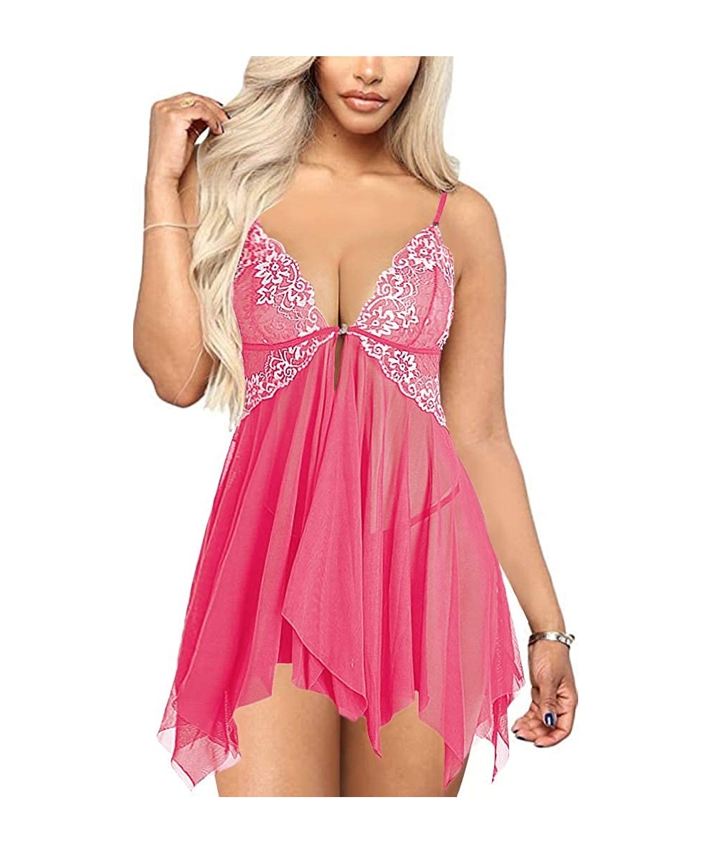 Baby Dolls & Chemises Womens Lingerie Front Closure Lace Babydoll Chemise V Neck Open Front Mesh Sleepwear - Rose Red - C018X...