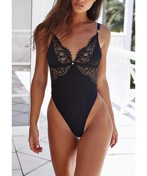 Shapewear Bodysuits for Women Sexy Deep V Neck Clubwear Tops - Lace Black 4 - CQ18U0XII53