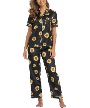 Sets Women Short Sleeve Satin Pajamas Set Soft Sleepwear Pjs Button Down Nightwear with Long Pants - Sunflower - CA192HWTTKO