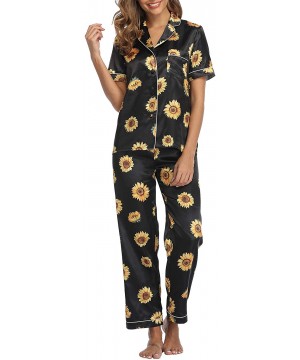 Sets Women Short Sleeve Satin Pajamas Set Soft Sleepwear Pjs Button Down Nightwear with Long Pants - Sunflower - CA192HWTTKO