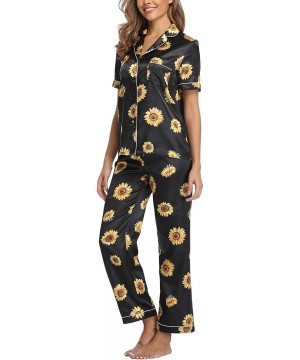 Sets Women Short Sleeve Satin Pajamas Set Soft Sleepwear Pjs Button Down Nightwear with Long Pants - Sunflower - CA192HWTTKO