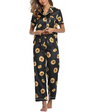 Sets Women Short Sleeve Satin Pajamas Set Soft Sleepwear Pjs Button Down Nightwear with Long Pants - Sunflower - CA192HWTTKO