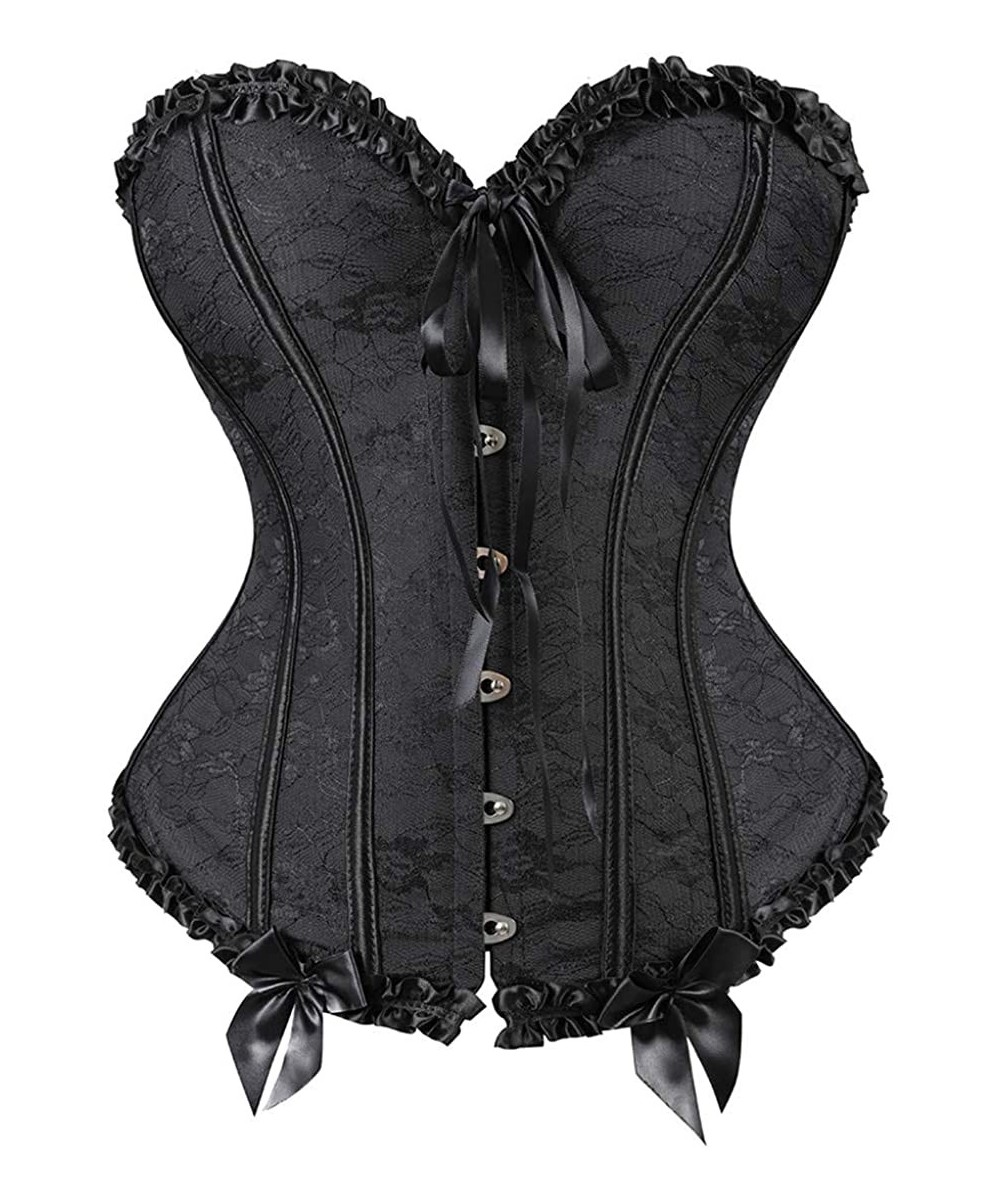 Bustiers & Corsets Womens Floral Black Lace Trim Corset Overbust Waist Cincher Bustier Top - 815black - C9199OHNZRI