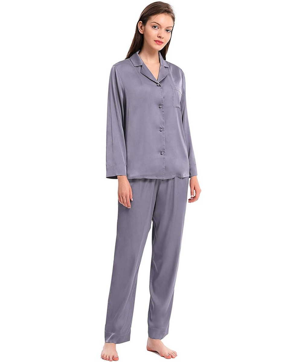 Sets Satin Pajama Set for Women Long Sleeve Button-Down Sleepwear Loungewear Nightwear Soft PJs S~XL - Purple Gray - C818U5H2W0W