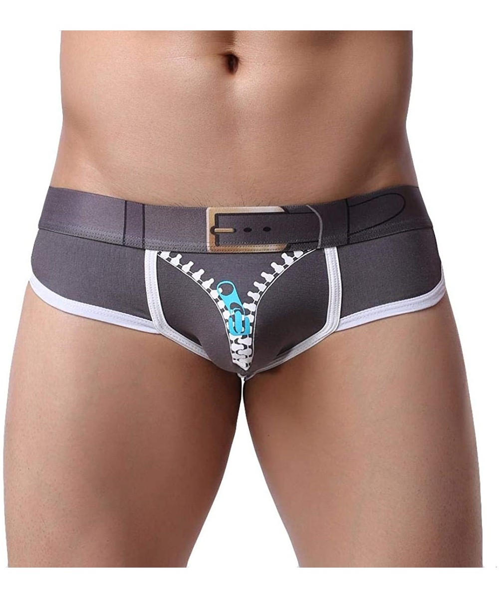 Briefs Men's Soft Zipper Print Briefs Underpants Knickers Shorts Sexy Underwear - Gray - C118HCUDTUH