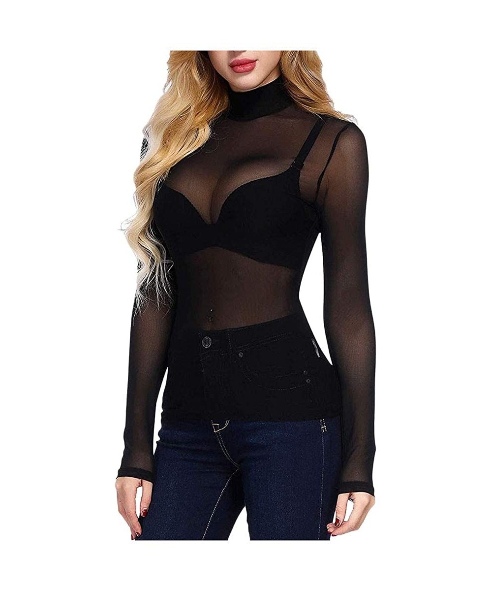 Shapewear Womens Long Sleeve High Neck Arm Shaper Top Sheer Mesh Yoke Casual Blouse Shirt - Black - C8193WEMO0W