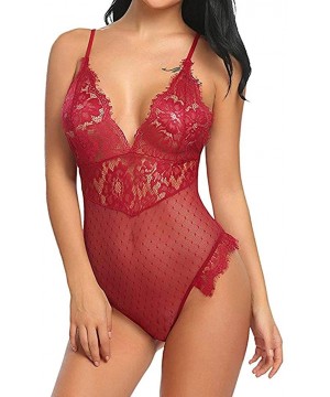 Baby Dolls & Chemises New Lingerie for Women Sexy Lace One Piece Teddy Babydoll V-Neck Halter Sheer Mesh Bodysuit Jumpsuit - ...