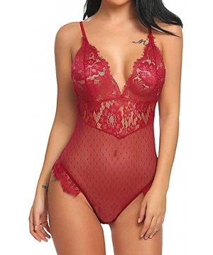 Baby Dolls & Chemises New Lingerie for Women Sexy Lace One Piece Teddy Babydoll V-Neck Halter Sheer Mesh Bodysuit Jumpsuit - ...