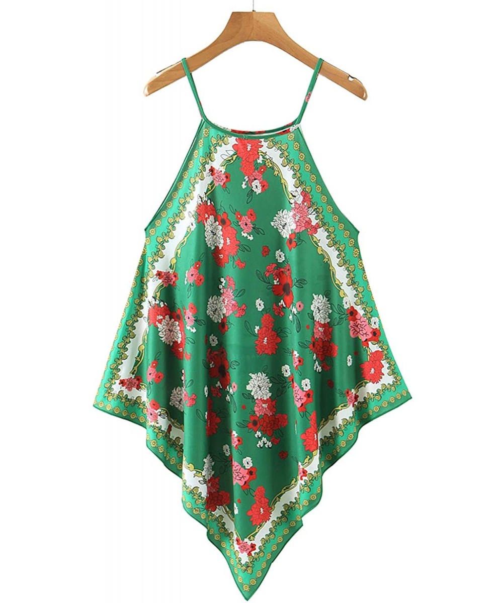 Camisoles & Tanks Women's Floral Print Handkerchief Hem Bandana Sundress Loungewear Sleep Blouse Dress - Green Floral - CM19D...