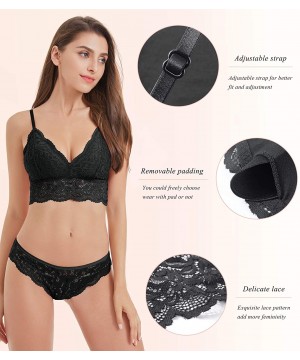 Bras Women's Floral Lace Bralette Removable Padded Standard Plunge Wirefree Bra and Panty Set - Black - CI18QRLKOA6