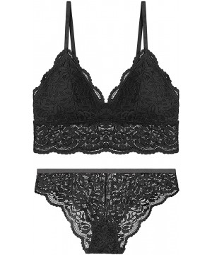 Bras Women's Floral Lace Bralette Removable Padded Standard Plunge Wirefree Bra and Panty Set - Black - CI18QRLKOA6