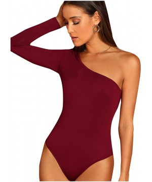 Shapewear Women's Sexy One Shoulder Off Long Sleeve Bodysuit - Burgundy - CL18NEXKSOL