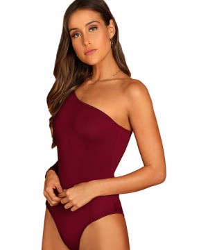 Shapewear Women's Sexy One Shoulder Off Long Sleeve Bodysuit - Burgundy - CL18NEXKSOL