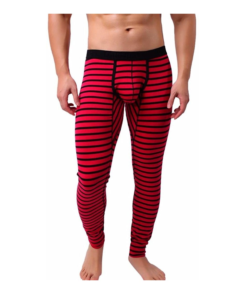 Thermal Underwear Mens Striped Breathe Patchwork Low Rise Leggings Long Johns Thermal Pant - Red - C01898Z5H24