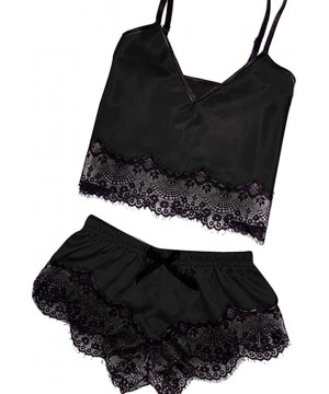 Bustiers & Corsets Women Sleepwear Sleeveless Strap Nightwear Lace Trim Satin Cami Top Pajama Sets - H-black - CU18ULUUW0E