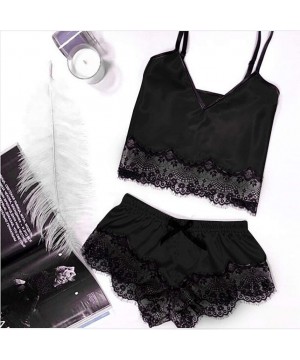 Bustiers & Corsets Women Sleepwear Sleeveless Strap Nightwear Lace Trim Satin Cami Top Pajama Sets - H-black - CU18ULUUW0E