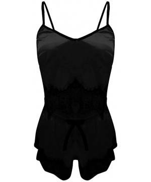 Bustiers & Corsets Women Sleepwear Sleeveless Strap Nightwear Lace Trim Satin Cami Top Pajama Sets - H-black - CU18ULUUW0E