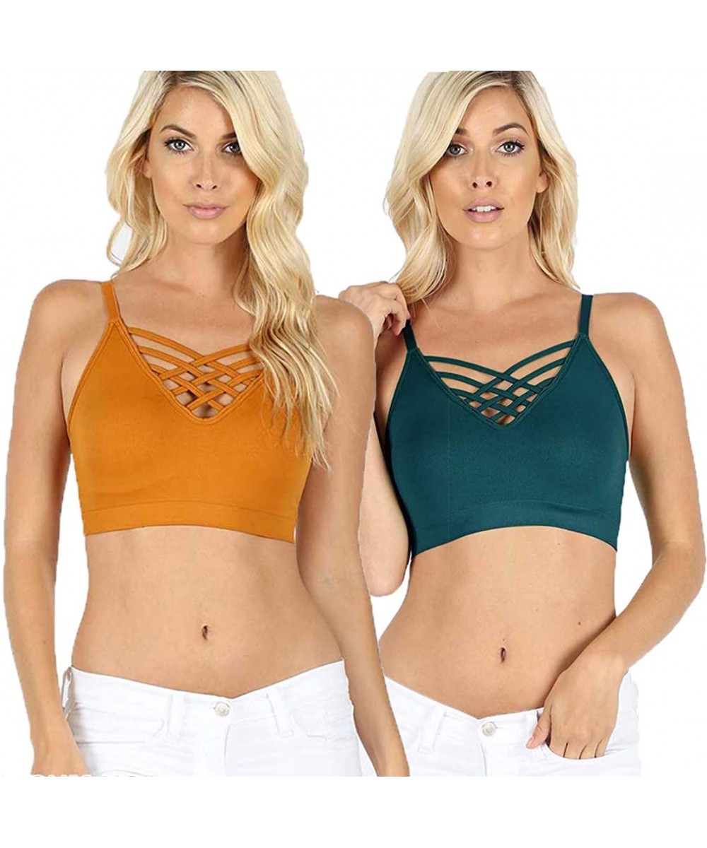 Bras Women's Sexy Cross Strappy Wirefree Sports Bra Bralette with Removable Pads - 2pk Mustard Teal - C619D69G9SN