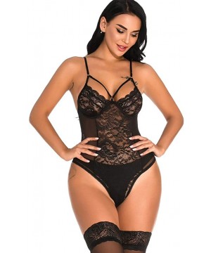 Baby Dolls & Chemises Women Teddy Lingerie One Piece Babydoll Mini Bodysuit Black Sexy Lace Fishnet Mesh See Through Underwea...