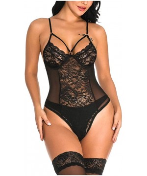 Baby Dolls & Chemises Women Teddy Lingerie One Piece Babydoll Mini Bodysuit Black Sexy Lace Fishnet Mesh See Through Underwea...