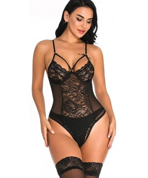 Baby Dolls & Chemises Women Teddy Lingerie One Piece Babydoll Mini Bodysuit Black Sexy Lace Fishnet Mesh See Through Underwea...