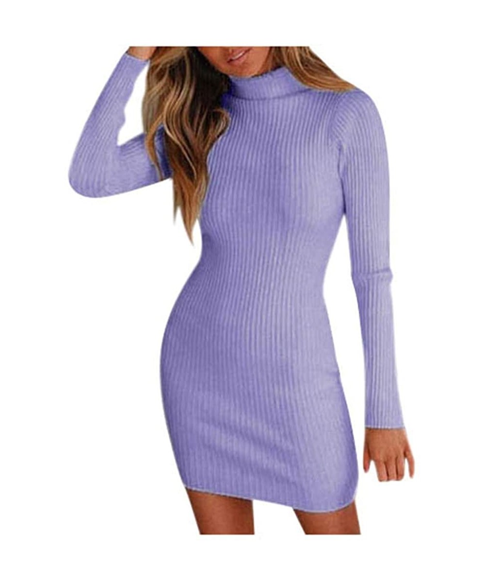 Tops Women Holiday Style Sexy Solid Long Sleeve Casual Mini Dress - Purple - CI193K2MWNY